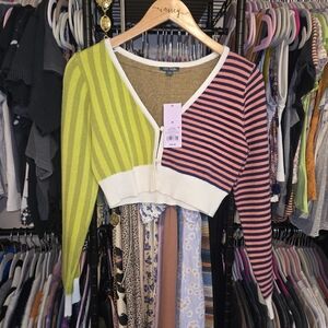 Striped V-Neck Cropped Sweater - Green and Pink